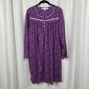 Eileen West Purple Floral Long Sleeve Short Nightgown Sz.L